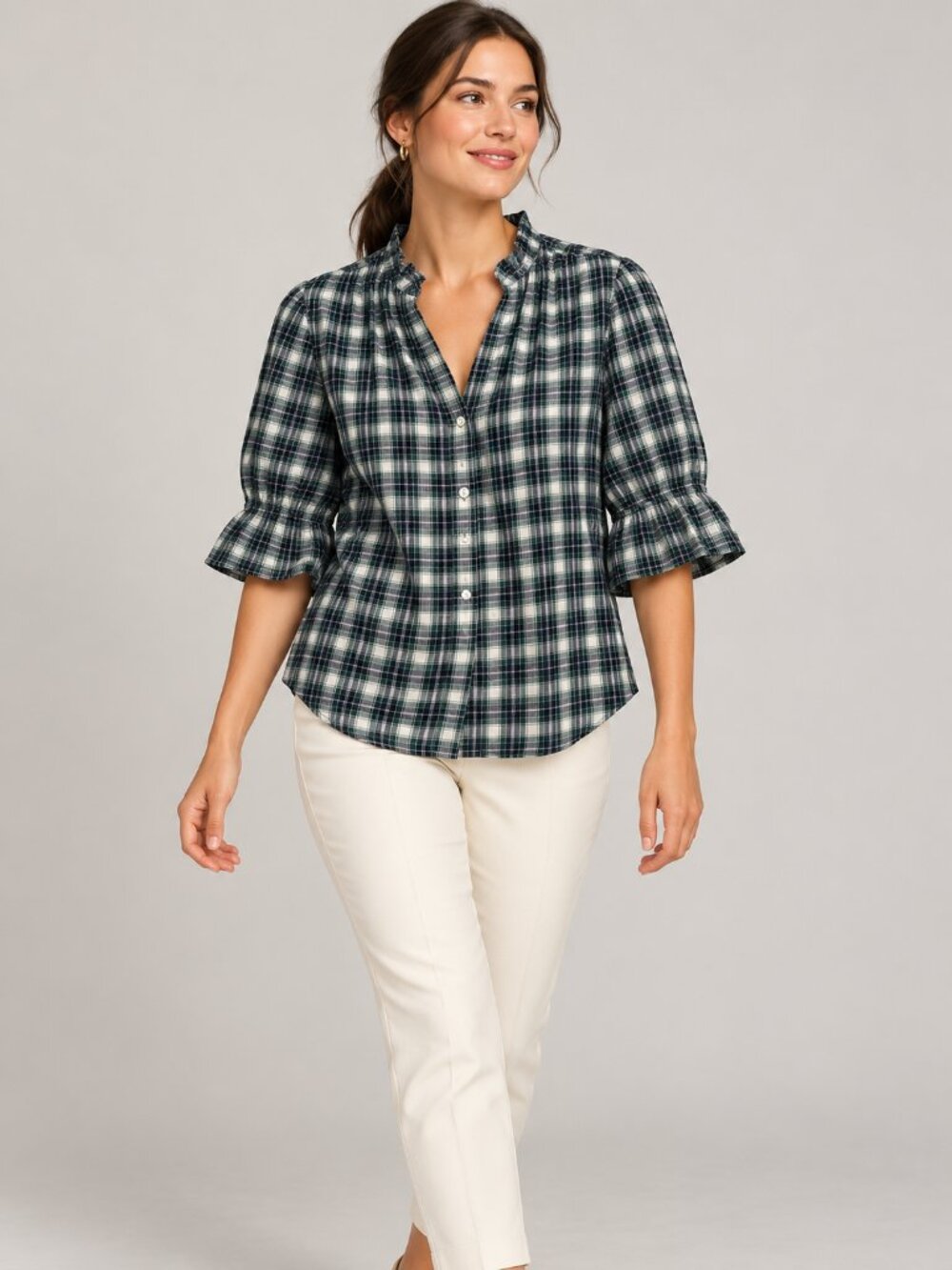 2/$30 LP Gap Green Navy Plaid Ruffle Neck Puff Sleeve Button Front Blouse